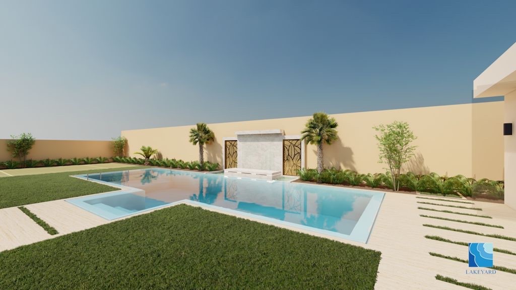 Swimming pool with wall feature and Landscaping